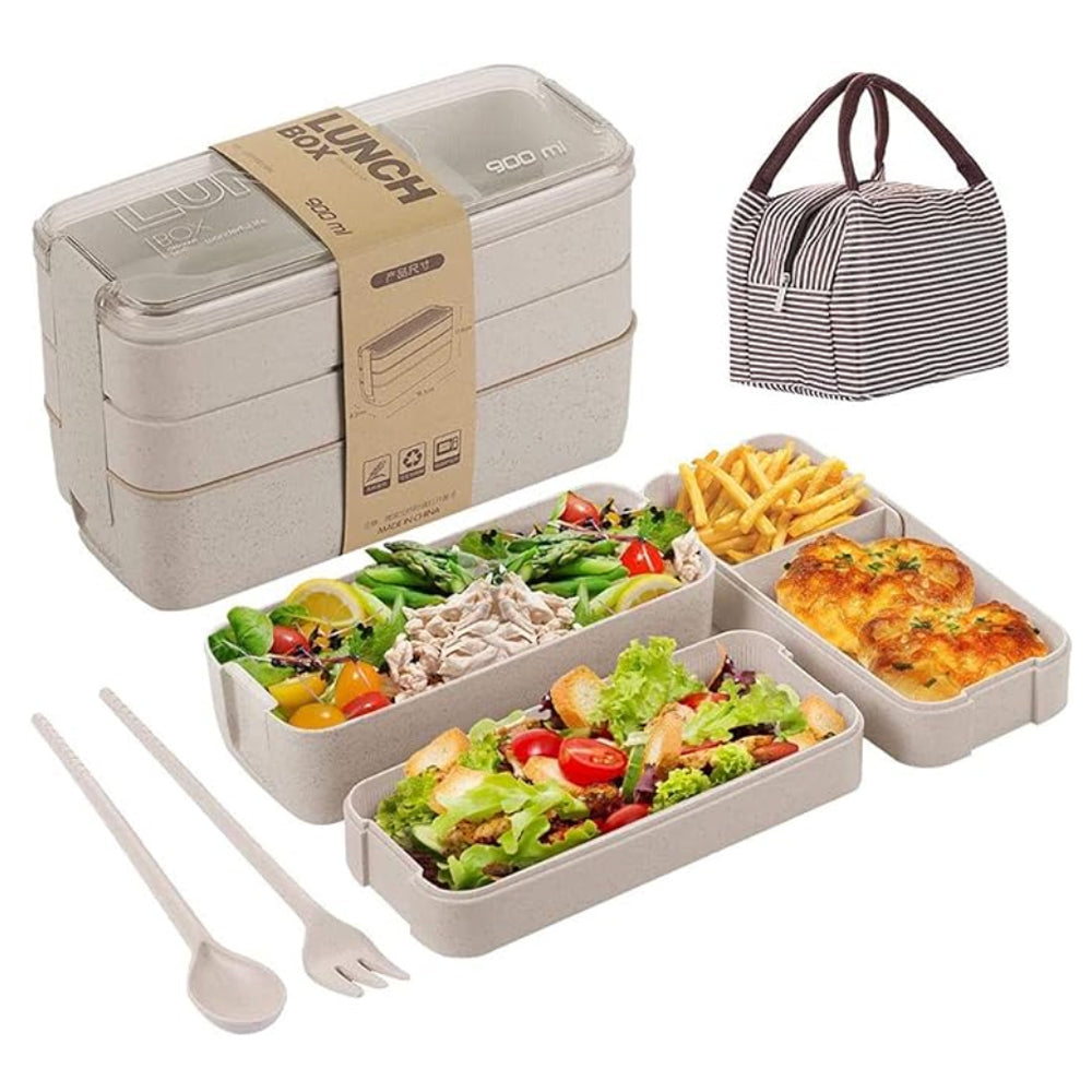 Bento Box Set  3-In-1 Meal Prep Container, 900ML Janpanese Lunch Box with Compartment, Wheat Straw, Leak-proof, Spoon & Fork & Lunch Bag, BPA-free